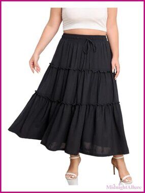 Plus Size Maxi Skirt Elastic High Waisted A Line Tiered Long Flowy Skirts with